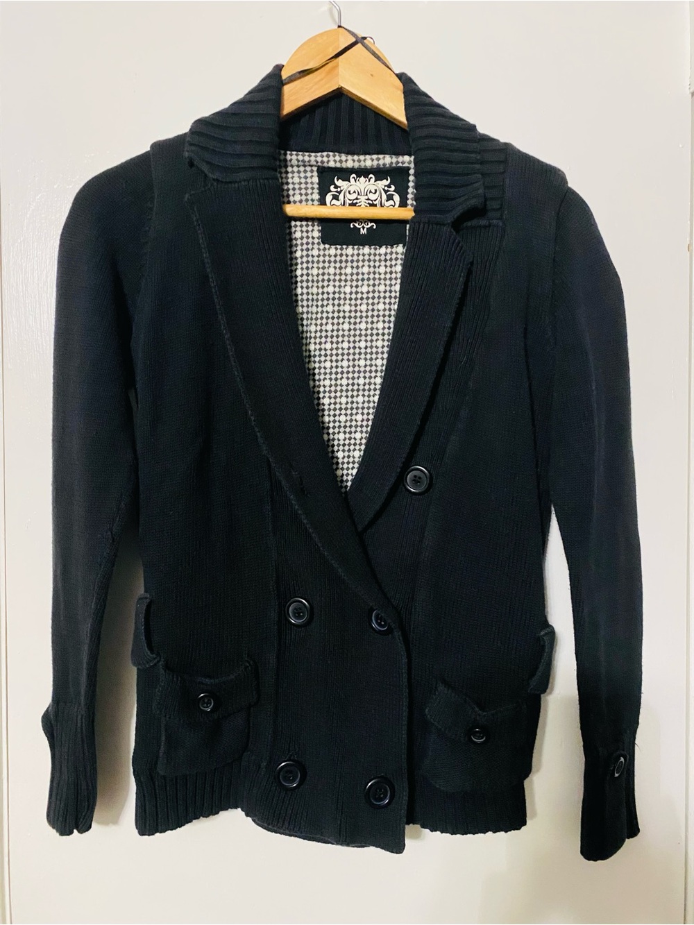 Black Double-Breasted Knit Cardigan Sweater